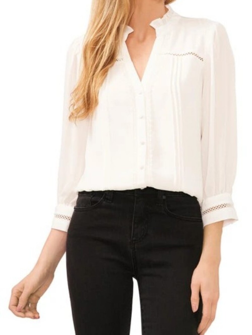 CeCe White/New Ivory, NWT, Ruffle-Trim Pintuck Button Front Blouse